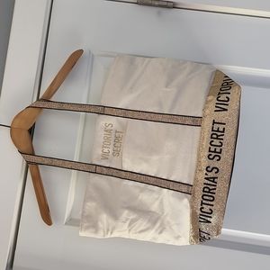 Victoria Secret large cream & gold glitter black logo tote bag!